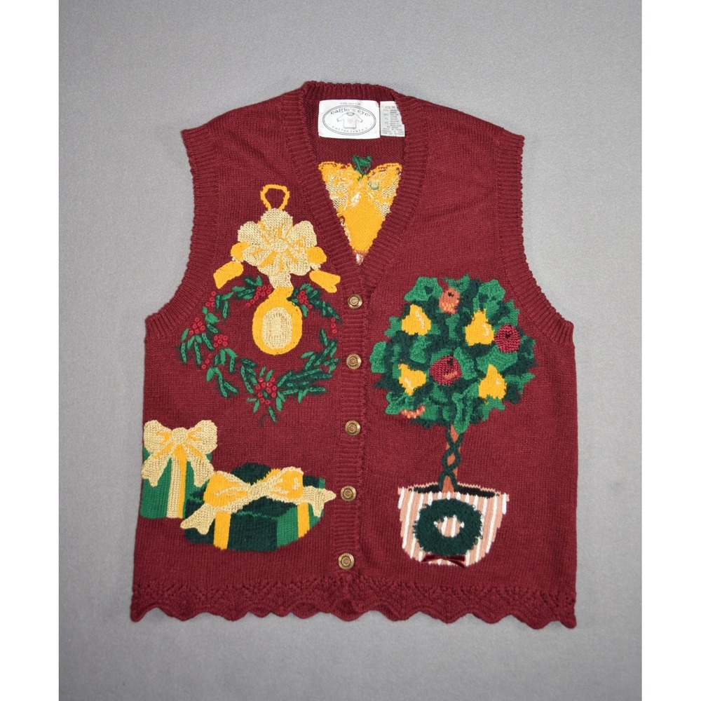 Vintage Eagles Eye Sweater Womens Medium Red Vest Christmas Pear Tree Cardigan